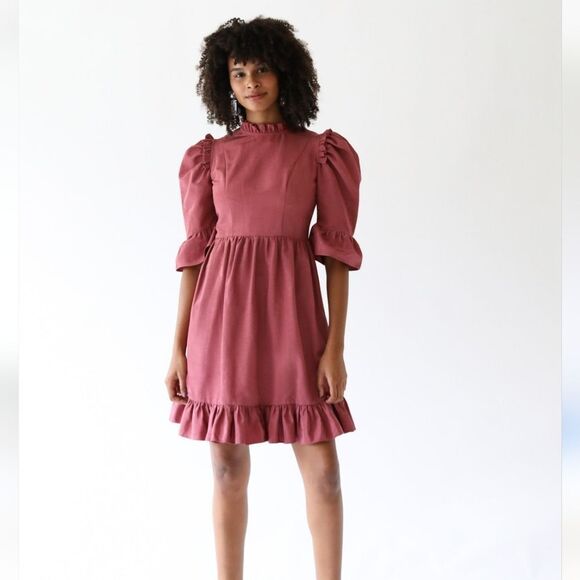 Batsheva Short Sleeve Prairie Dress In Raspberry Morie - Picture 13 of 13
